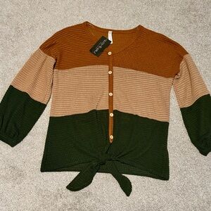 Women’s Colorblock Button-Up Tie-Front Top/Blouse